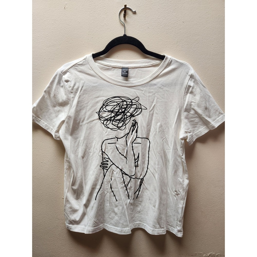 Womens Off White Black Abstract Line Art Graphic Tee Shirt Size M
